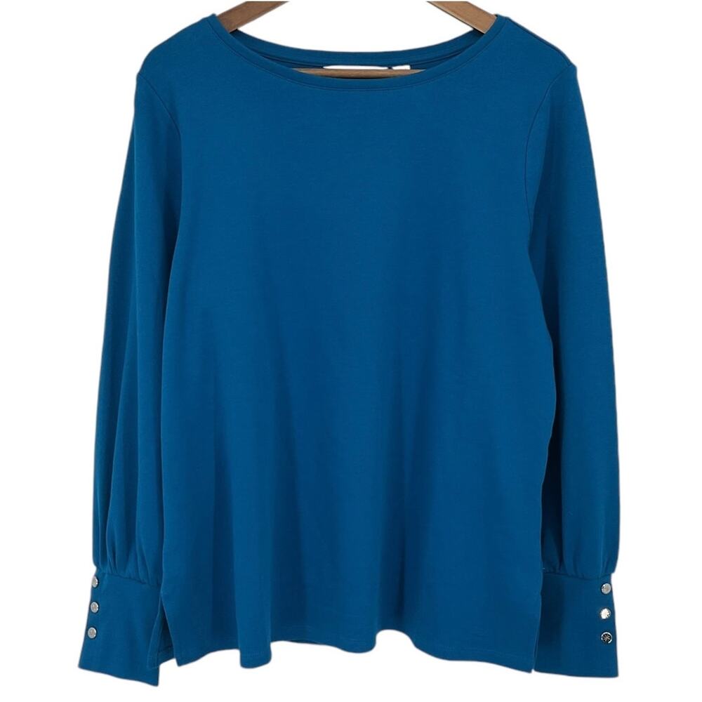 ISAAC MIZRAHI LIVE NWOT Boat Neck Blouson Sleeve Top with Buttons Blue Large